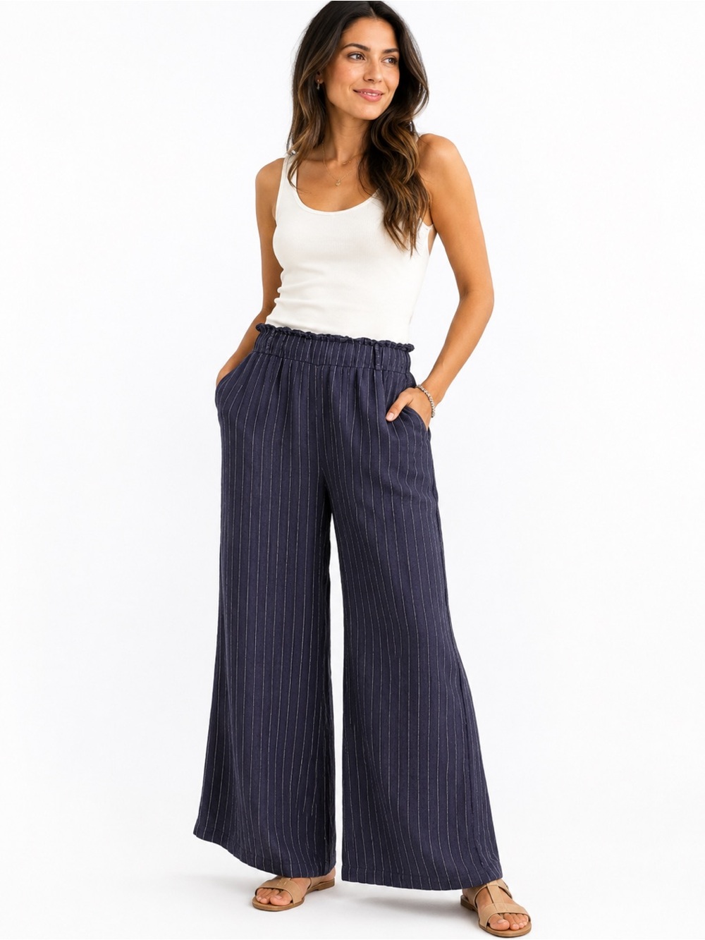 Cherishh ($115) Navy Blue Pinstripe Wide-Leg Linen Pants - W 18 R 14.5 I 27